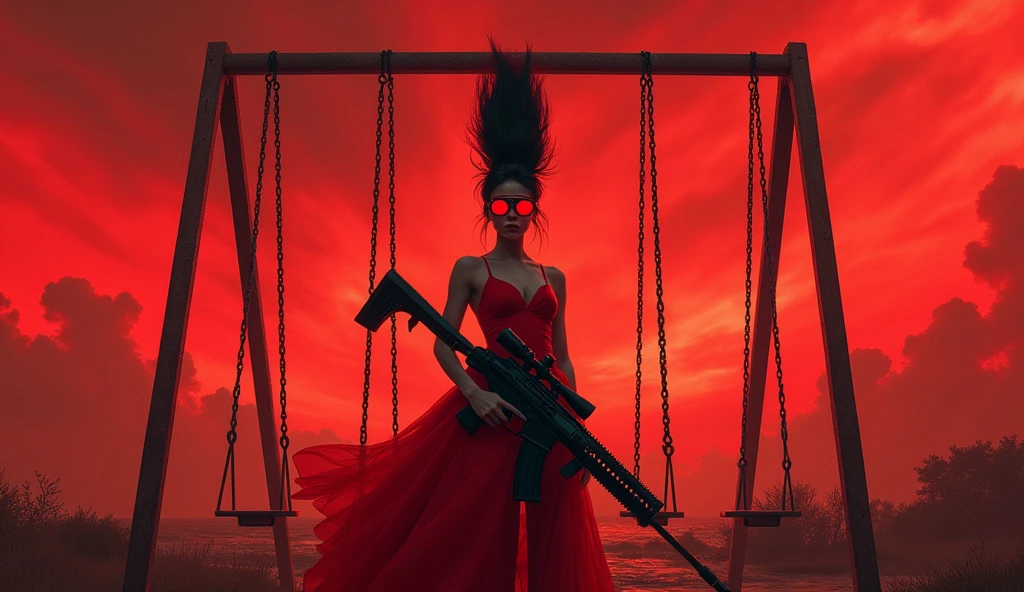 Woman in red dress with tall black hair wearing red googles and holding sniper rifle standing in front of the swings. The sky is chaotic red