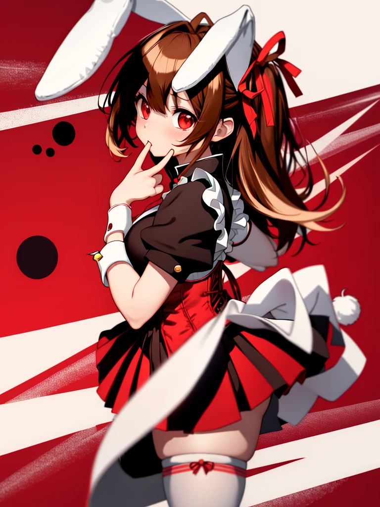 Absurd, Highest quality, One person, alone, Brown Hair, Red eyes, Long Hair, Large Breasts,  Oh Bunny, Bunny ears, Red Corset, gakuran, apron, Red neck ribbon, Red Skirt, Hair Ribbon, Short sleeve, Wrist cuff , White knee socks, Jingle bell