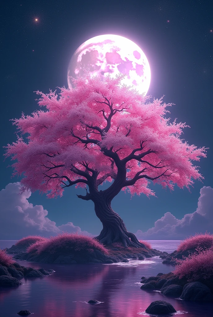 A bright hyperrealism Big moonlight wallpaper with a sakura tree in the background with the colors dark purple pinks and black in 4k resolution