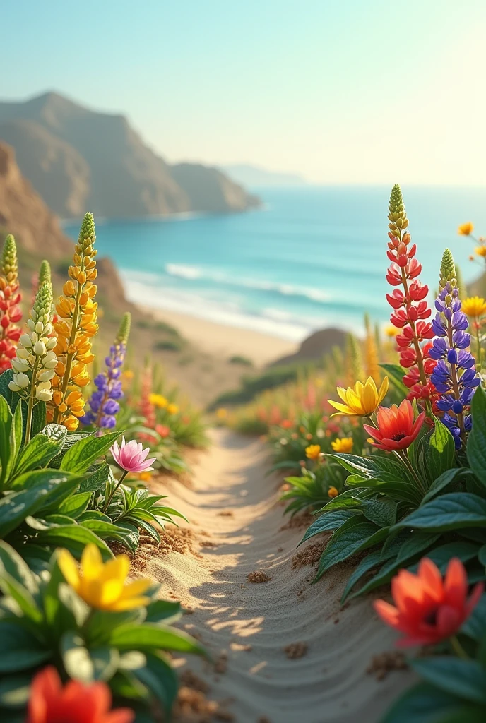 In thebetween the sands you can see the leaves of the mint plant and it has beautiful open yellow flowers that resemble orchids, tulips and small red and white cherry blossoms with morning dew on them and dew from the rain that stopped falling and you feel the ground is a little Mint plant with beautiful red and white flowers resembling orchids and purple, red, yellow, blue and green lupines with small morning dew on them next to the eastern coast in the Sinai desert on the sea from the rain and in