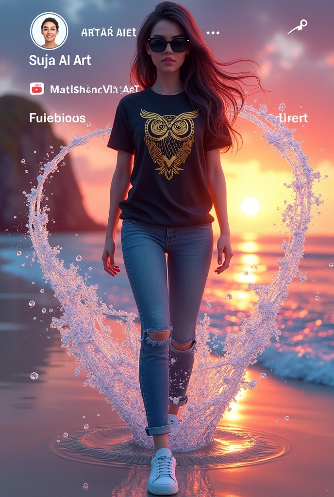 ✨️Create a 3D illustration of a realistic young woman character coming out of social networks Facebook. The character name is Suja AI Art, and wears jeans, Black t-shirt with golden owl appliqué on it, y white sneakers, dark sunglasses, colored water effect. The background is the social media profile page with a username "Dirty AI ART" and his profile picture and the beautiful sunset profile cover on the beach. No