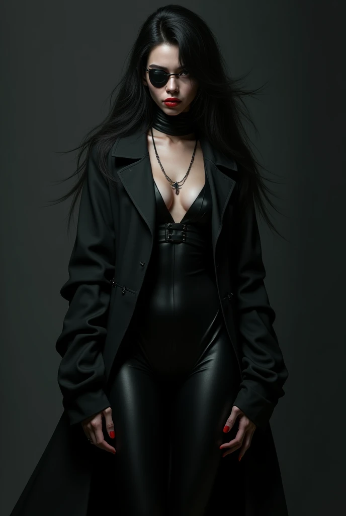 woman with long black hair, in a long black coat and latex leggings and with an eye patch over her right eye