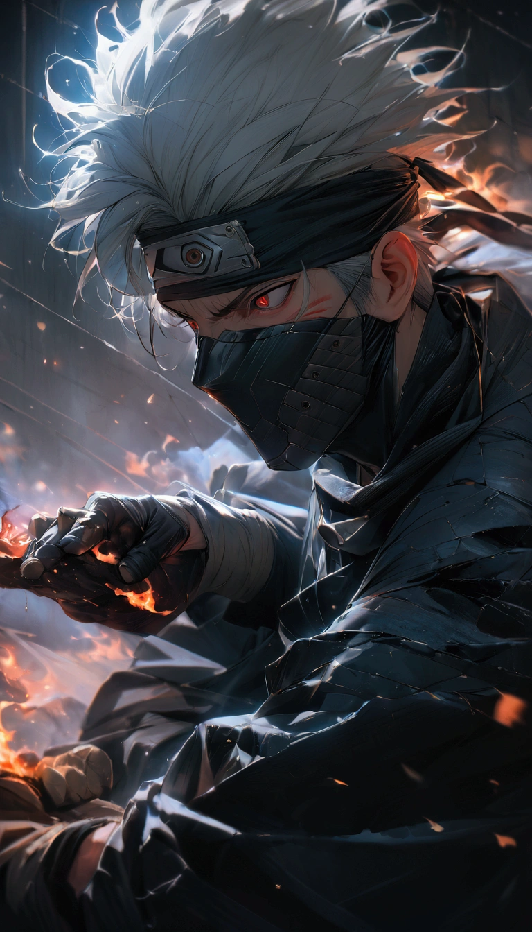 (masterpiece:1.3),(Highest quality:1.4),(Very detailedな:1.5),High resolution,Very detailed,8K,(1 male,sukuna ryoumen,Kakashi hatale,White Hair),(The costume is a white kimono、Black scarf)Laugh fearlessly、Saringan eyes、(The background is an image of a fiery hell)