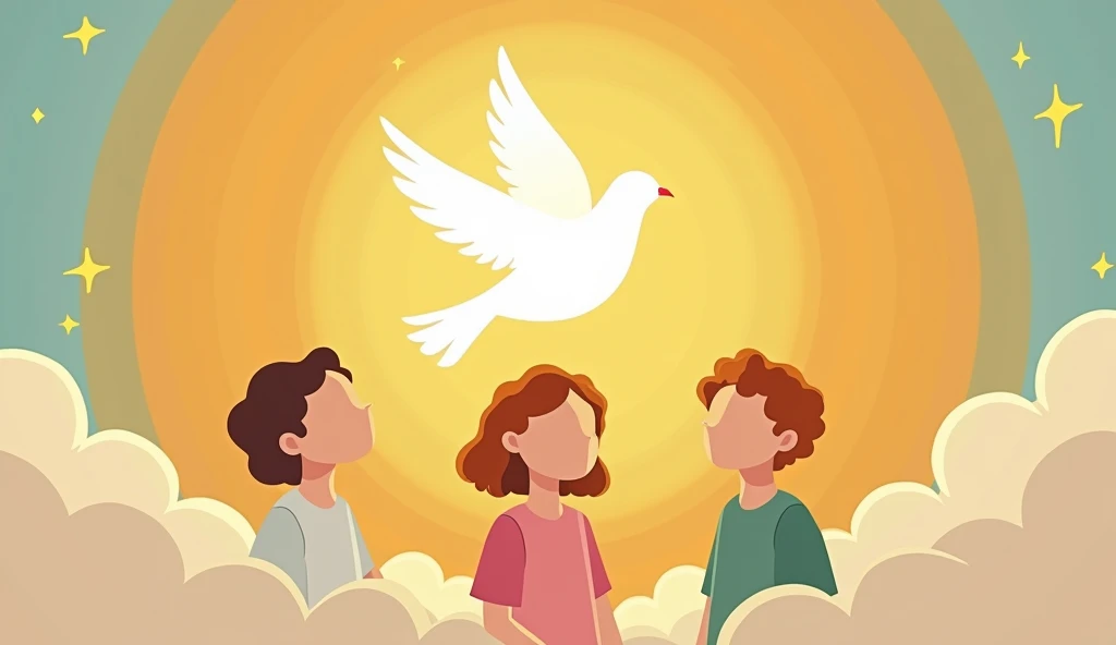 Trinity (Father, Son and the dove of the Holy Spirit over them)
, children's cartoon style, minimalist