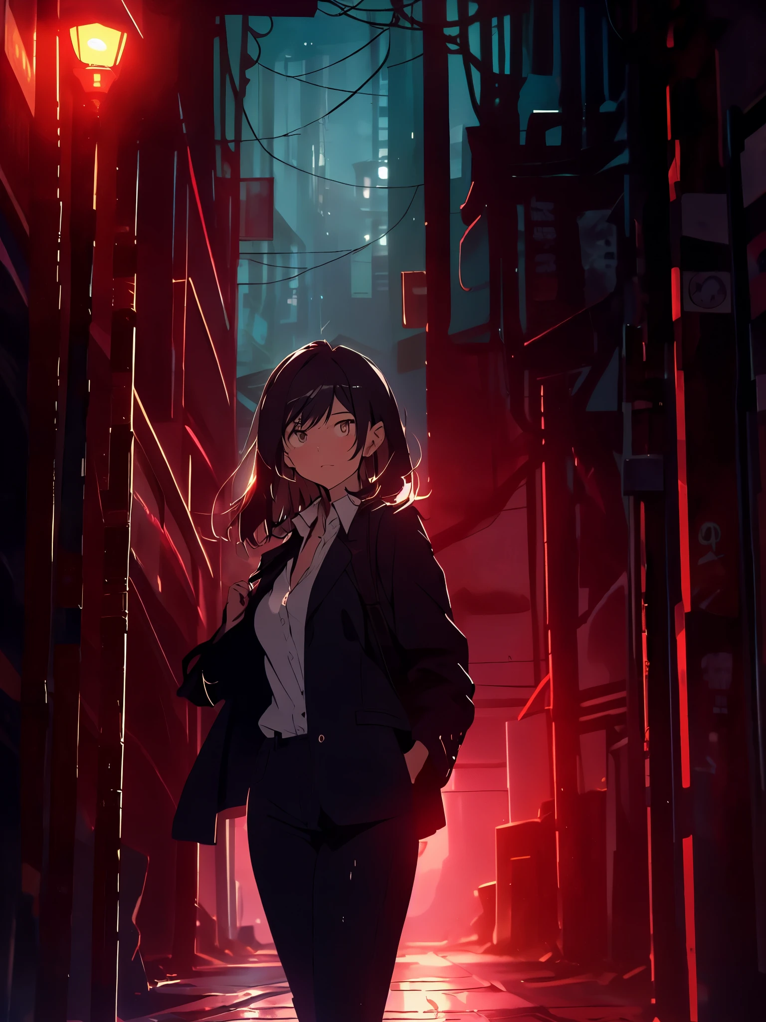Create a anime style landscape image. Digital illustration featuring a woman in a dark, narrow alleyway at night. The style is highly detailed and realistic, with a focus on dramatic lighting and shadows. The subject is a woman with long, dark hair, wearing a black suit with a white shirt underneath, slightly unbuttoned. She has a serious expression, with sharp facial features and fair skin. She holds a glowing red object in her right hand, which casts a red light on her and the surroundings. The background includes wet pavement and dimly lit buildings, contributing to the moody atmosphere.