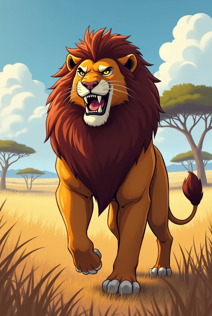 Detailed picture of a confident male anthro, (Lion, lean body) standing proudly on the middle of the savanna, roaring with his mouth wide open. trending on Art Station, Ross Tran, ruan jia, foxovh, ((determined expression, cartoon