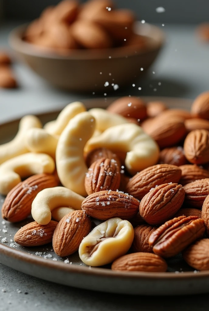 almonds, cashwes, pecanas, macadamia nuts with salt sprinkled on a plate in kitchen