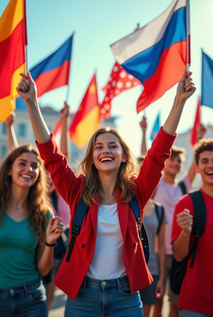Students holding flags