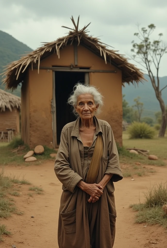 Old woman standing in front of an old mud and straw house in the 1950s in northeastern Brazil