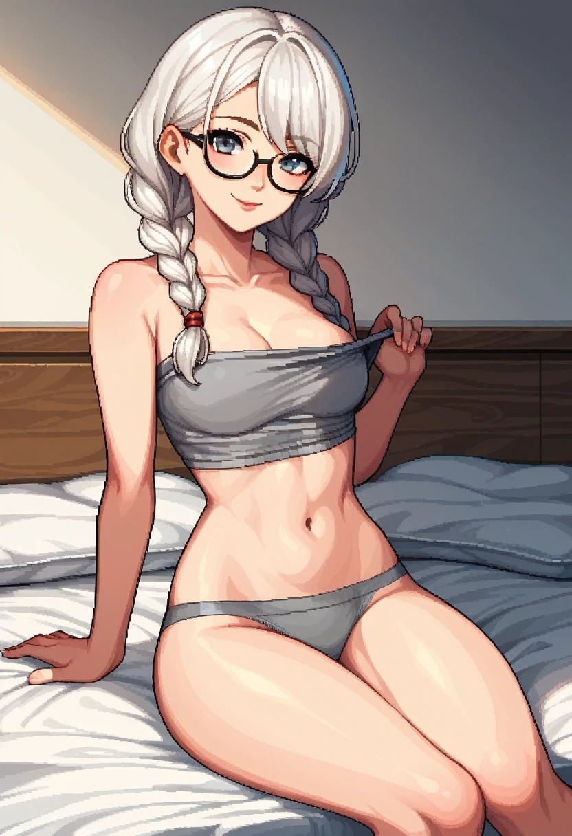 score_9, score_8_up, score_7_up, source_anime, c0ne, pixel art, 1girl, white hair, braids, grey crop top, grey panty, glasses, grey eyes, middle breasts, in bed, sitting, pull top, clothes pull, looking at viewer, front viewe, background bedroom, best quality, masterpiece