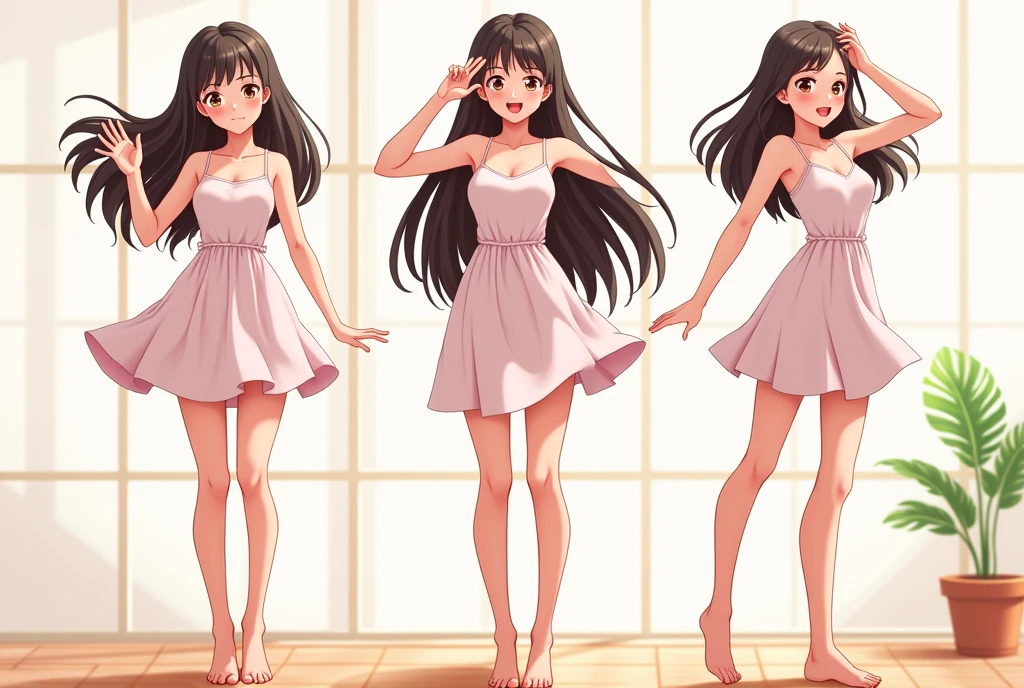 anime girl posing for a deodorant advertisement, wearing sleeveless dress, showing different everyday situations that exposes her armpits, such as waving hand, wiping forehead, and fixing hair, grids.