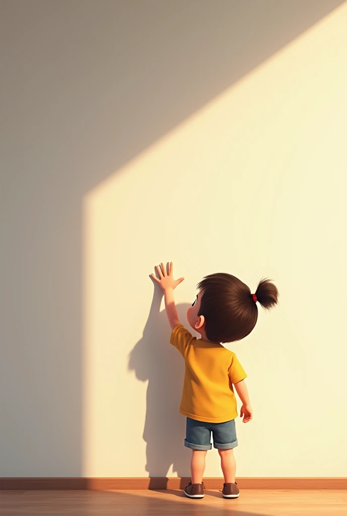 image: A child makes a shadow with his hand on the wall.