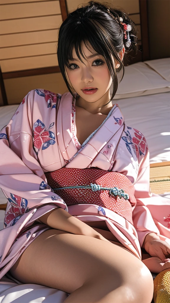 Highest quality、high resolution、very detailed、Masterpiece、RAW photos、realistic、photorealistic、Very delicate and beautiful.、delicate details、Hot Springs Inn、Japanese style yukata、Japanese women in their 20s wearing yukata、Tatami、mattress、Sexy breasts