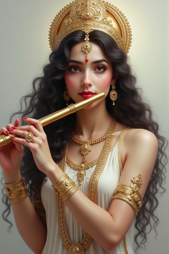 Radharani with flute, only face, wear crown, decent dress, curly long hair, flower neckless