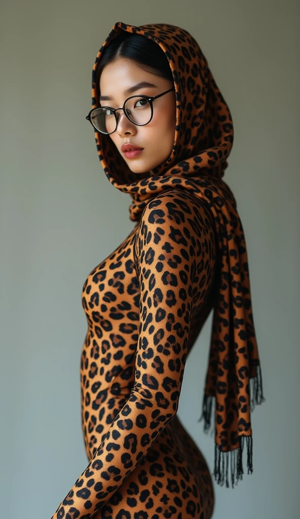 a most beautiful and thin 3 chinese contortion woman is wearing a pair of glasses wears leopard lycra footed turtleneck unitard catsuit.She always wear leopard unitard hijab-like hood.She is the most beautiful and has beautiful cheeks.
