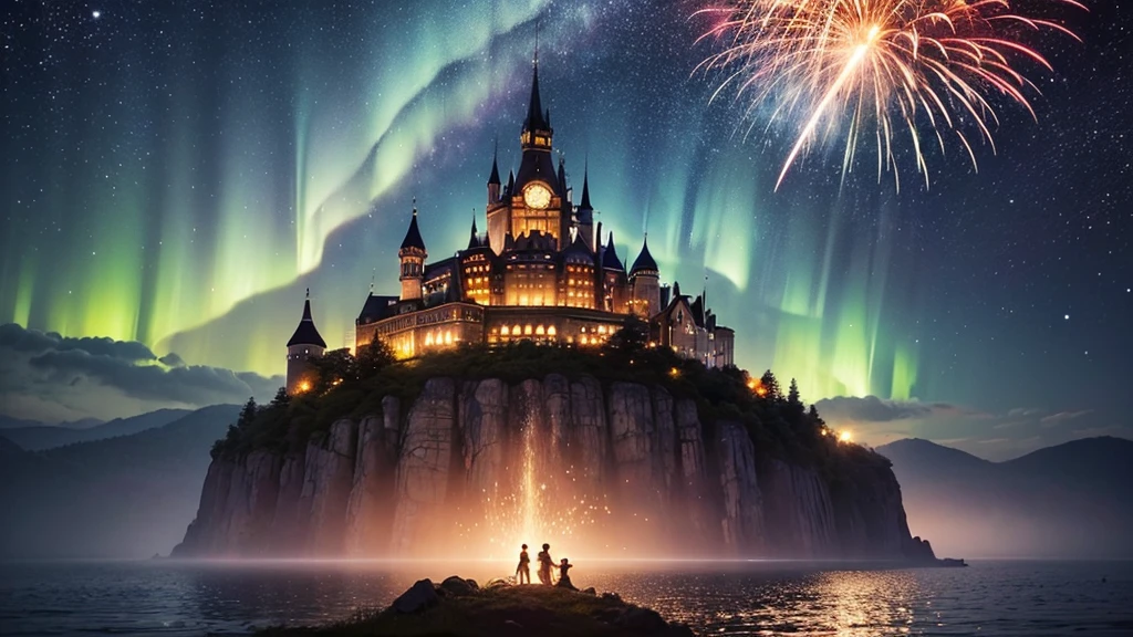 (8k, Highest quality, masterpiece, ファイナルFantasyスタイル: 1.2), (unrealistic, Realistic: 1.37), Dreamy landscape, Fantasy, unrealisticな風景, Very detailed, Castle in the Sky, Castle in the Sky, Floating Island, Seven-colored light swirl, (meteorのMr..A small bird with a long tail that shines brightly:1.3), Aurora, Intense lightning, milky way, Complex Light, Mr..々color light, Large Lake, Starry sky reflected on the lake, Countless shining stars, meteor, たくさんのmeteor, Aura, (A pillar of light appeared from the ground.:1,2) firework