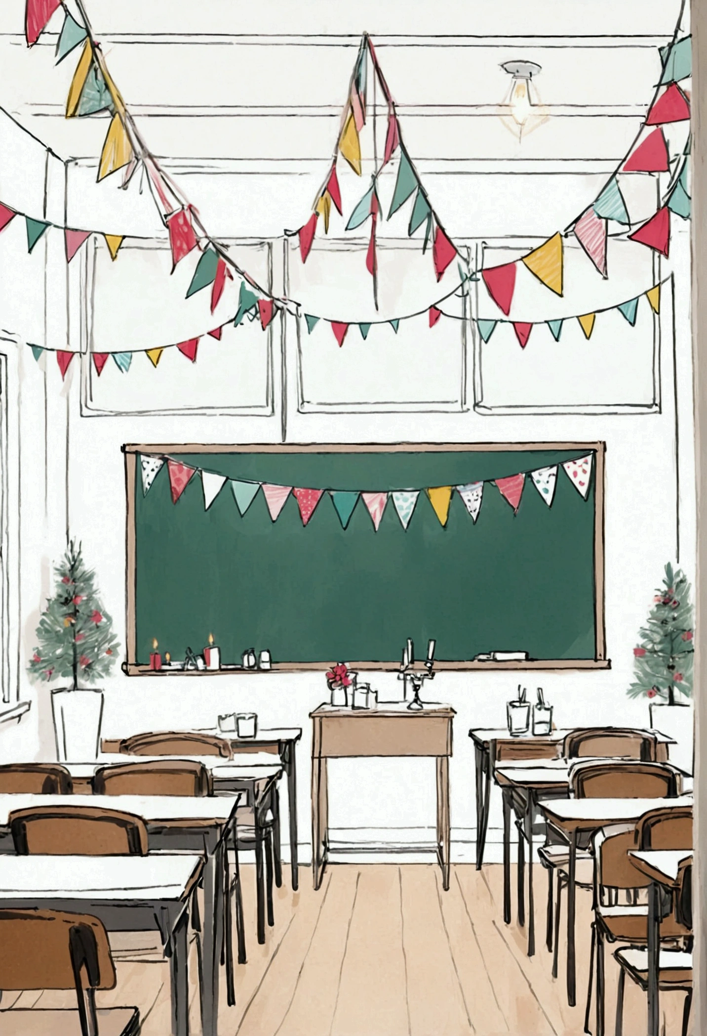 Create a line art illustration of an empty room interior with only windows and chalkboard festively decorated with DIY, affordable materials. The room features paper flowers, tassel garlands, banners, candlesticks, sparkling garlands, bandana banners, DIY bunting, a paper chain backdrop, and tissue paper pom-poms. The chalkboard is decorated with cheerful drawings and framed with garlands. Emphasize the handcrafted, simple yet beautiful decorations, ensuring the room is filled with festive details. No people should be present, decorations everywhere,No desk and chairs and the image should be in line art,sketch without color.