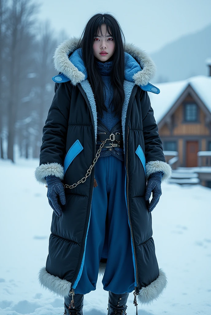 Girl with long, slightly messy dark hair, with red eyes, a large black and fluorescent blue jacket or coat with a hood with white fur, Dark blue gloves with white details, long, warm pants with leather boots, The girl should not be very tall, more or less about 1,68 a 1,74. It must be in a snowy environment with a cabin in the distance. (Digital art style)