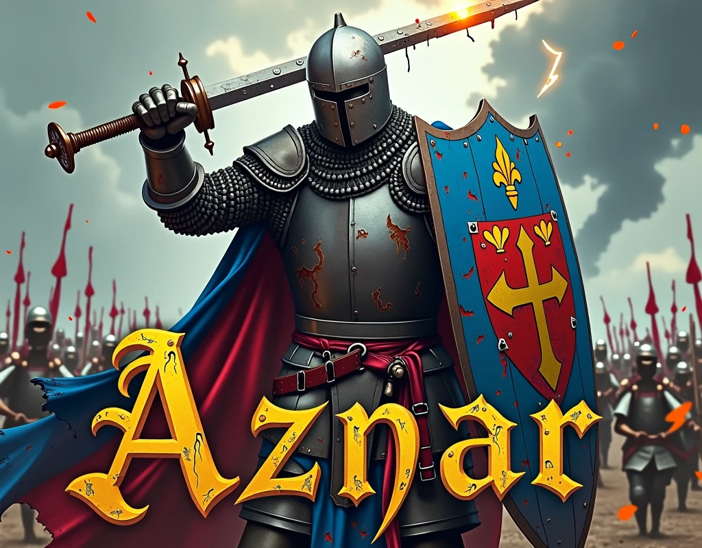 A poster depicting a man, brandishing a one-handed mace, and carrying a large blue and red shield with coat of arms thin vertical yellow sword painted upwards with 2lily flowers, (mouth sewn with wire), damaged by fighting. medieval battered chain mail, helmet, gloves, very battle-damaged, blue and red coat of arms. He has white skin. He's on a battlefield, thunder, with the words "Aznar" written in large golden letters in the foreground.