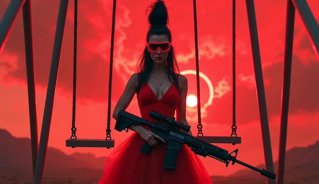 Woman in red dress with tall black hair wearing red googles and holding sniper rifle standing in front of the swings. The sky is chaotic red