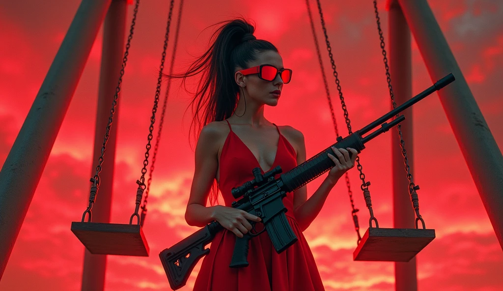 Woman in red dress with tall black hair wearing red googles and holding sniper rifle standing in front of the swings. The sky is chaotic red