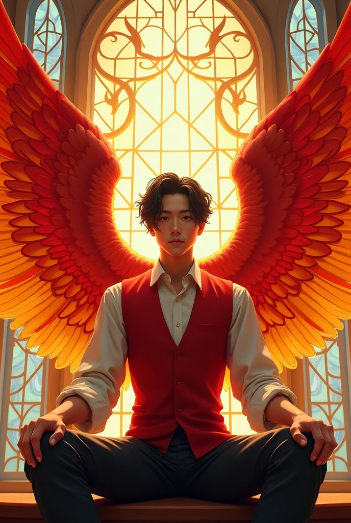 The image shows a young Asian man with black, comma-style hair with red, orange, and yellow wings extending from his back. He sat on a chair in a dignified posture. Wear a white shirt and red vest. The backdrop is a stained glass pattern that conveys sacredness and power. This image gives a feeling of power and special power to the characters.