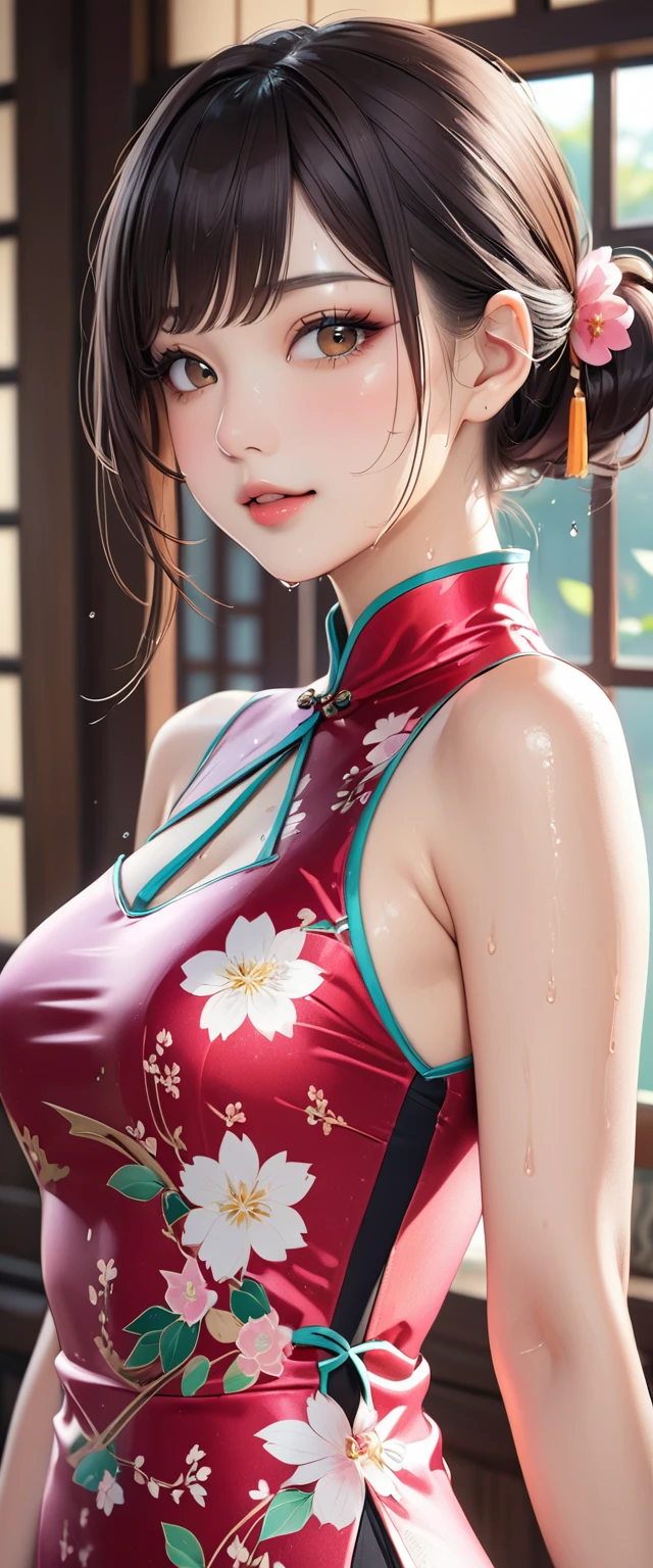 (masterpiece,best quality,Ultra-high resolution),Japanese woman, (((Very beautiful 25 year old girl))), pretty girl、Look at the photographer、 ((Beautiful low ponytail)), Super cute face, Glossy lips, Double eyelids,Natural smile、 Natural Makeup, Long eyelashes, Shiny and smooth hair、Center Image, Perfect limbs, Perfect anatomical structure,(((Shiny Cheongsam)))、((()),Sweat soaked,
