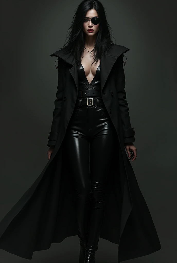 woman with long black hair, in a long black coat and latex leggings and with an eye patch over her right eye