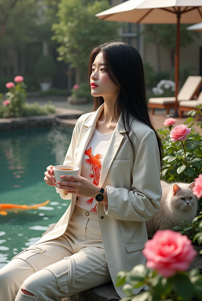 Beautiful Korean girl, white skin, well-groomed face, long straight black hair, wearing a white jacket, jeans, koi fish patterned t-shirt, cargo pants, wearing a cool watch, sitting by the fish pond, holding hot coffee, there are roses by the pond . Big Angora cat, colorful flowers, luxury house background with Fortuner car and lounge chairs, looks authentic, real and realistic in photos