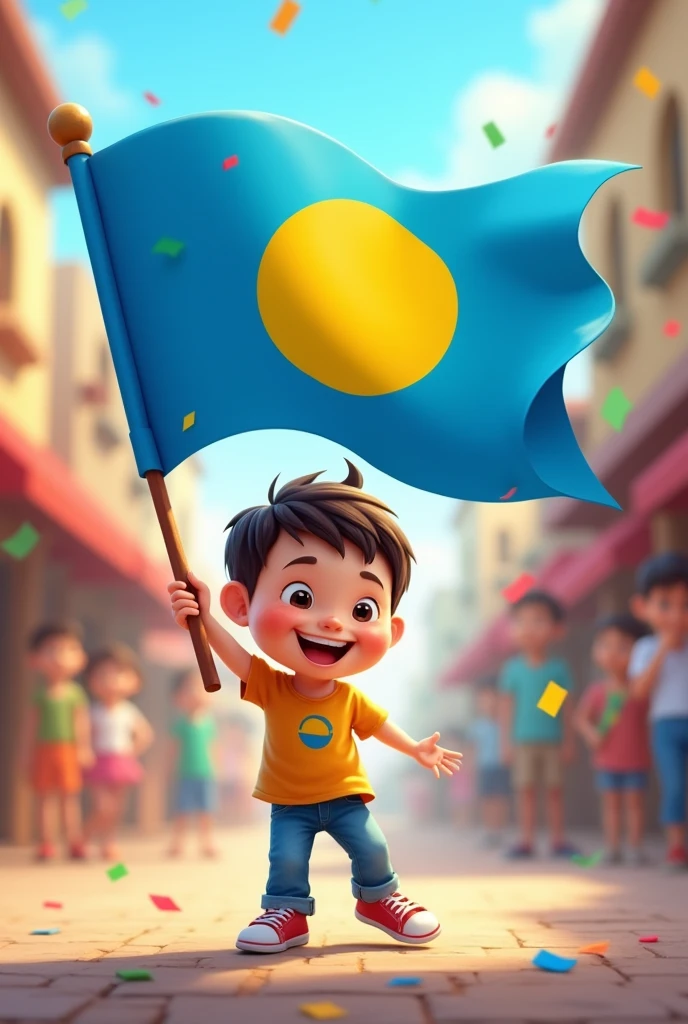 make me an animated cartoon of a boy with the flag of palau ,the blue flag with a yellow circle in the middle