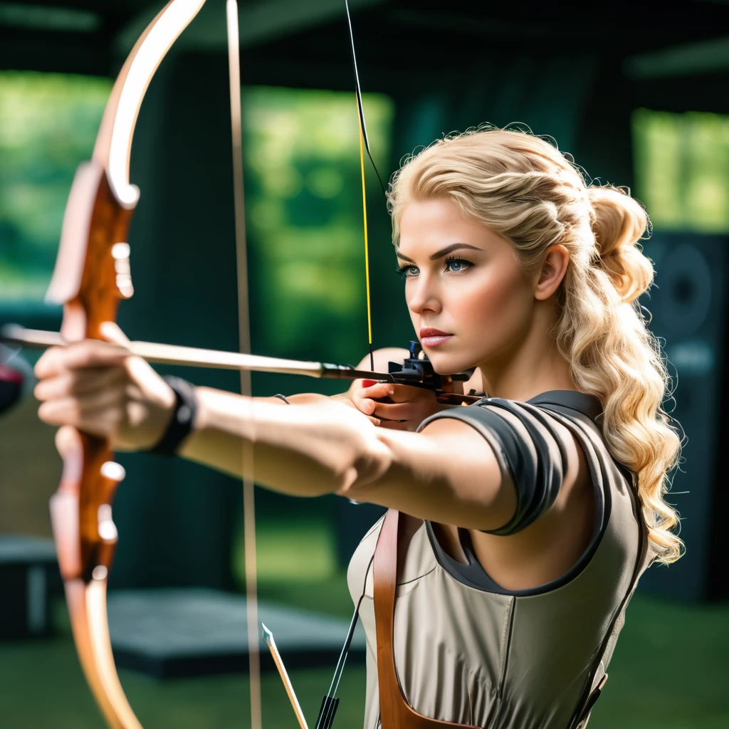 (A female archer at a shooting range aiming a bow and arrow at a target in the distance:1.5), 1girl, Alone, blonde hair, curly hair, long hair, amber eyes, archer pose, perfect body, (anatomically correct:1.1), side view, (Masterpiece:1.3), (The best quality:1.3, (high detail:1.3), (super detailed:1.3)