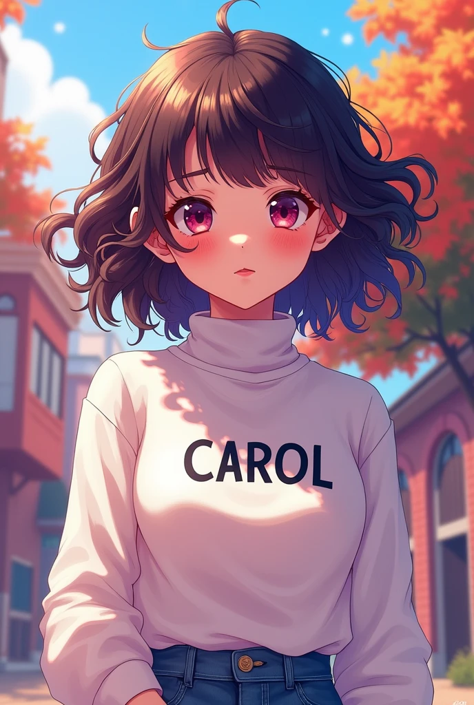 Light-skinned female character, white turtleneck shirt with the name Carol in capital letters or on blue jeans, curly hair, anime theme
