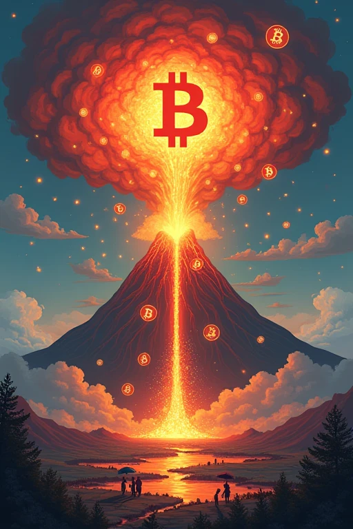 Dramatic illustration of a volcano with Mt. Gox logo, erupting Bitcoin instead of lava. The Bitcoin stream splits into multiple flows, each heading towards different cryptocurrency exchange logos floating in the sky. In the foreground, a landscape represents the market: some areas flourish with the 'Bitcoin rain', others seem cautious. Include small human figures with umbrellas - some open to catch coins, others closed. Use vibrant oranges and reds for the eruption, contrasting with cool blues and greens of the landscape.