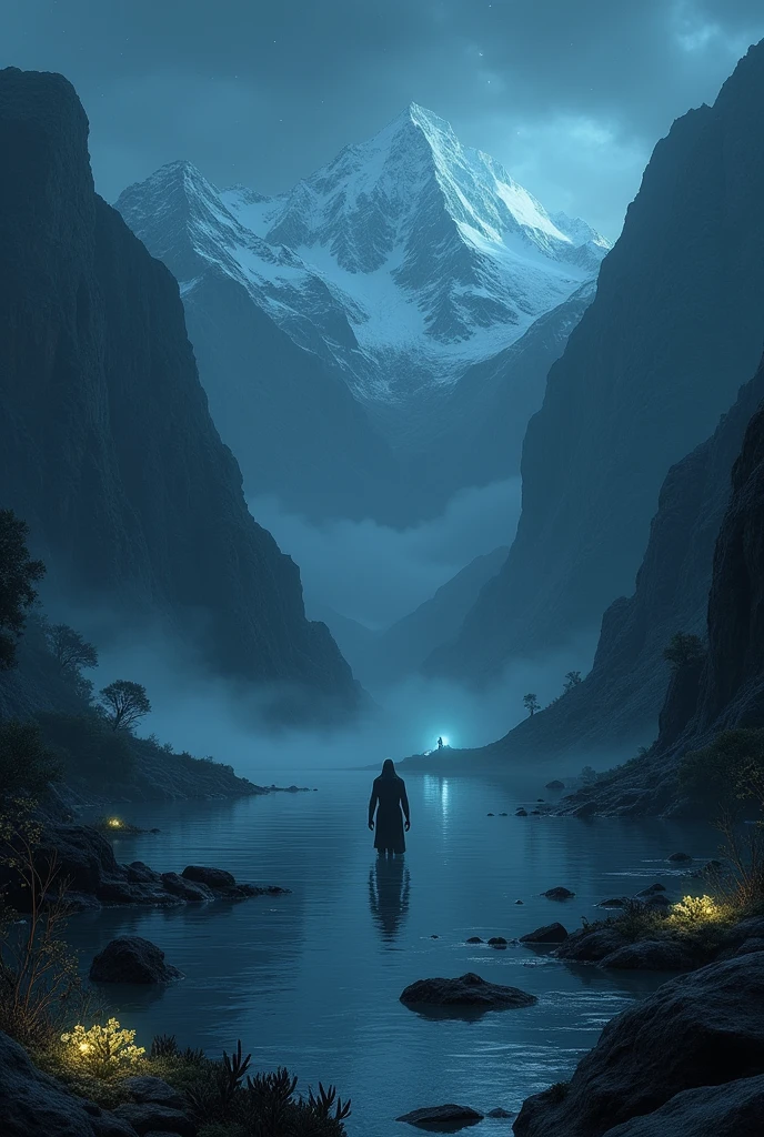 Dark souls in a magical lagoon in the Andes mountains at night