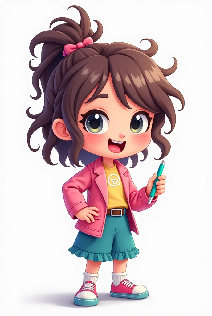 Create a pastel cartoon style chibi woman n teacher, messy wavy hair, smiling holding a pen. Make sure it's vibrant with white background. Ensure that all elements is center