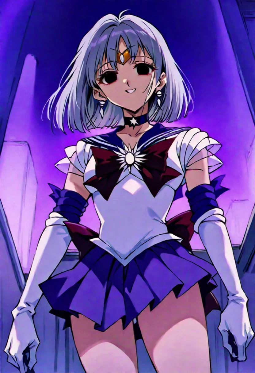 (masterpiece, Highest quality, so beautiful, Very detailed), Intricate details, 12k, Honestly,In awe of the Sailor Saturn XL,sailor senshi uniform,jewelry,skirt,choker,star choker,sailor collar,bow,brooch,star brooch,purple sailor collar,purple skirt,gloves,tiara,short hair,white gloves,earrings,elbow gloves,pleated skirt,, Are standing, Cowboy Shot,,(Wicked Smile:1.2), One person,(Silver Hair:1.4),(empty eyes,:1.4),From below,Watching the dawn,Dark aura,View your audience,(red eyes:1.2),