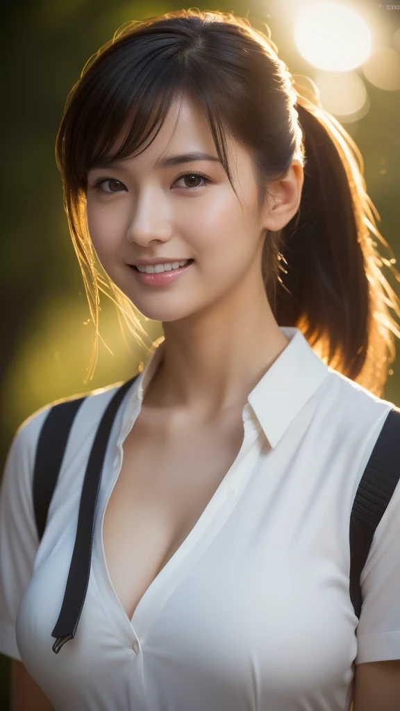 (highest quality,masterpiece:1.3,ultra high resolution),(Super detailed,caustics,8k),(photorealistic:1.4,RAW shooting),1 girl,(smile and look down at the camera),(front shot:1.1),(face forward),18-year-old,cute,Japanese,black short ponytail,school uniform,glamorous,(big boobs),( close up),(breast focus),street,sunshine,Natural light,(Backlight),(A bright light shines from behind),(Lens flare),professional writing,(cowboy shot),(low position:1.3),(Low - Angle:1.3)