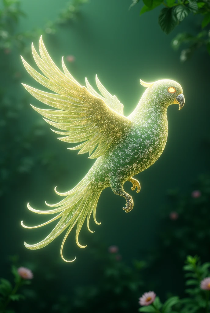 abstract 3D shape flying parot, foliage and flowers incorporated, light emitting, green background