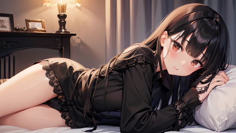 best quality, highres,Slender、brown eyes、tall、(bangs bangs:1.5)、long hair,straight hair、Hotel、dark room、lying on the bed、1、(Thin black long-sleeved shirt with lace:1.5)、black hair