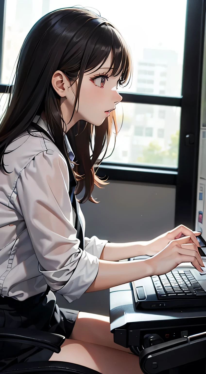 ((A woman is looking at a computer screen)), ((don't look here)), ((Staring at a computer display)), ((Very troubled expression)), One person,(Highly detailed skin),Curvy,,Beautiful breasts,((Ample breasts)), ((T-shirt that looks like it's going to tear)), ((slender)), (Best image quality,(8k),Ultra-realistic,最high quality, high quality, High resolution, high quality texture,Attention to detail,Beautiful details,The finer details,Extremely detailed CG,Detailed Texture,Realistic facial expressions),(Straight Long Hair),(Soft Hair),(Straight hair:1.5), ((White T-shirt))、((Shorts))、Very light coppery amber hair,((Viewers don't watch)), ((night))