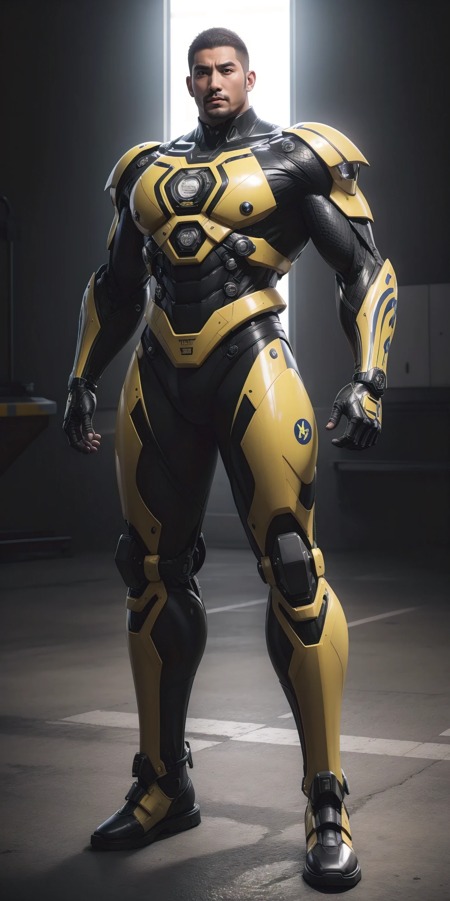 Tall giant muscular police officer,He wears a closed helmet,Headgear,Buzz Cut,Very long legs,Yellow and black camouflage patterned nano mecha,Honeycomb pattern,Lightweight texture,Character Concept(Resident Evil - Chris Redfield,Chris Redfield)senior police officer,Small grid texture,Regular symmetrical texture pattern,Sad expression,Deep and charming eyes,Standing in a bright mechanical laboratory,Emerald Eyes Hero,Heroic male pose,Tall burly,muscular!Attractive leg muscles,High target, Burly, Heqiang, Super Buff and Coolness, High Resolution Committee, Bigfoot yellow-gray ultra-thin nano-mechanical boots,Charismatic strongman,The bright sunshine shines on you,Matte particles,Shiny texture