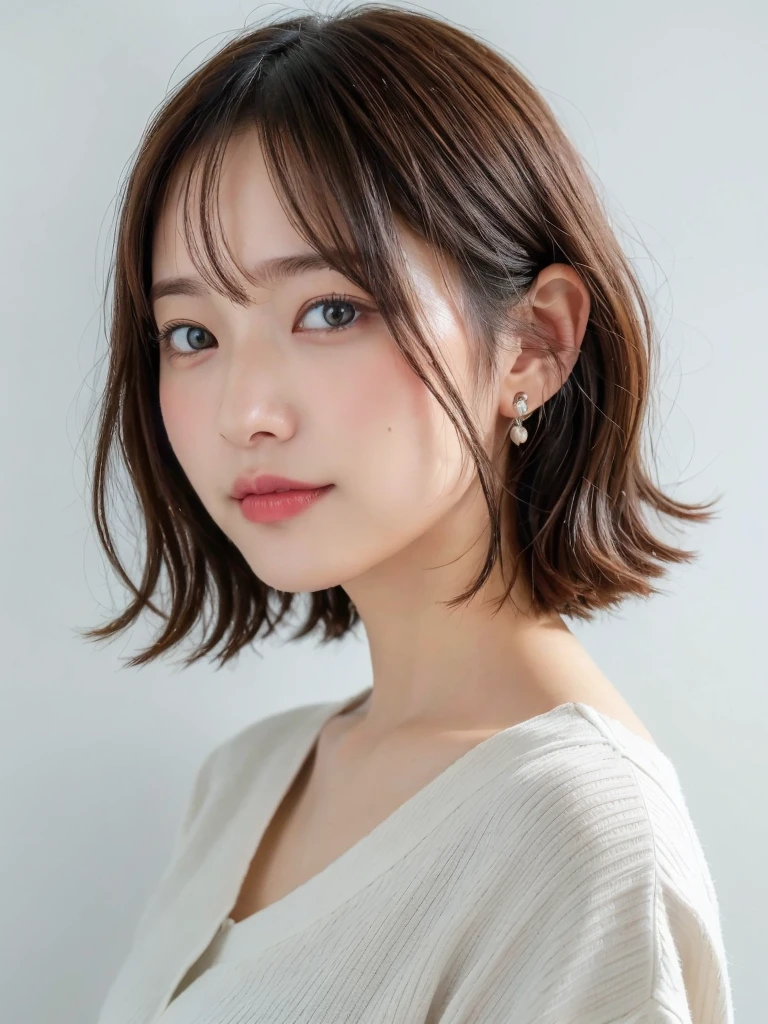 (8k、Raw photo、highest quality、masterpiece:1.2)、High-definition RAW color photo、professional photos、(realistic、photo realistic:1.37)、cinematic light、1 girl、laughter、white wall、Taken in front of the white door、(A room with a white wall and a window)、Versatile poses、Winter clothes、simple necklace、(Beautiful profile:1.3)、Don't look at the camera、profile、bob、Bob Hair、bob cuts、((Navy hair color))、Long Bob、profile、normal and detailed eyes、Dark brown eyes、earrings、(pastel clothing)