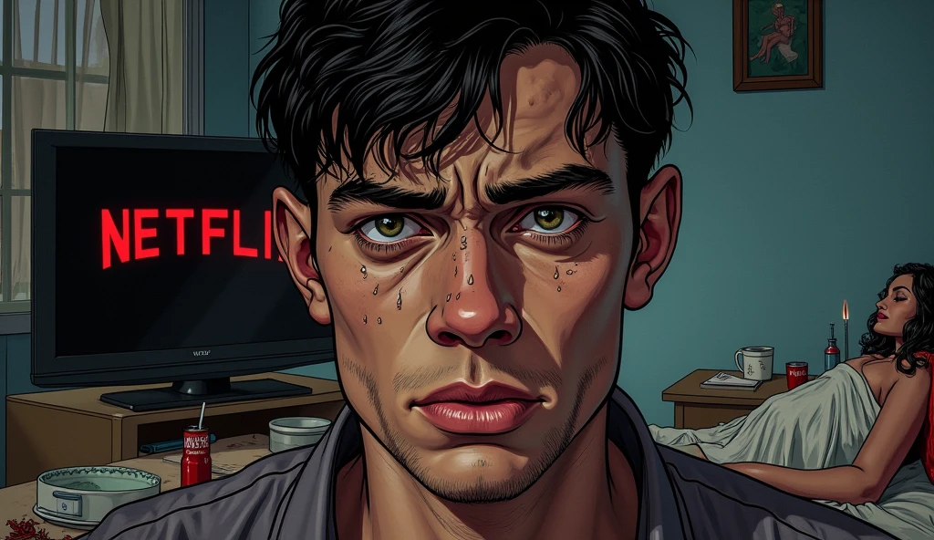 A shocking image of an exhausted young man, wrinkled, perspiring, is in desperation seeking success, looking straight ahead, expression frustrated by seeking success and not achieving it, in the background a television with the Netflix logo, drinks around and a bed with a prostitute lying on it, symbolizing the distractions that prevent you from achieving success, realistic illustration,
