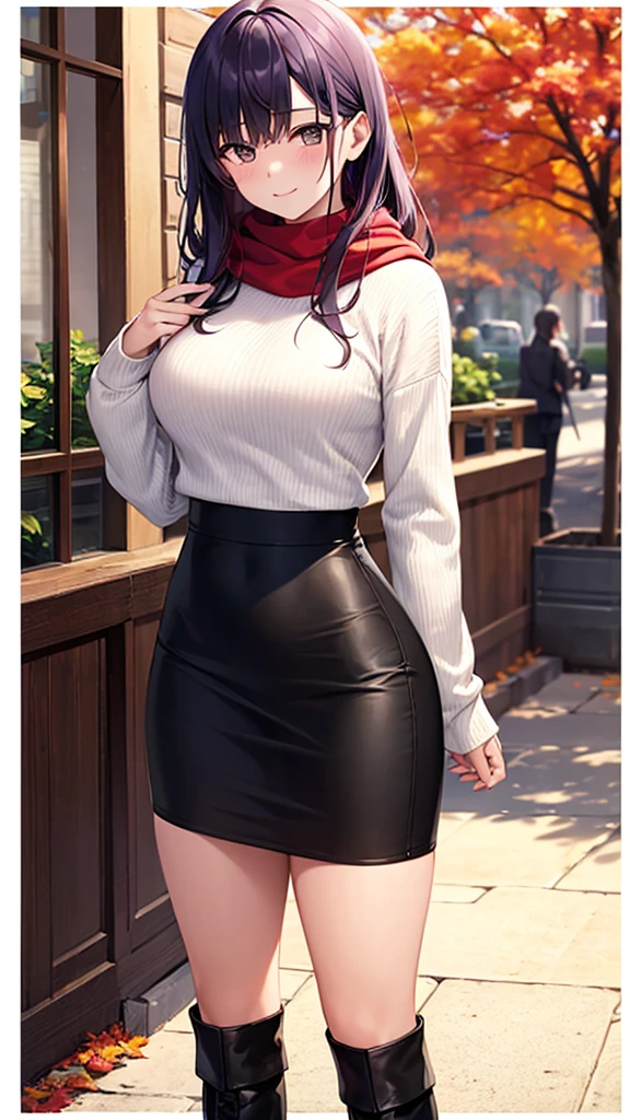 masterpiece, best quality, high detail, beautiful woman, solo focus, long hair, purple hair, large bust, white sweater, black midi pencil skirt, (((long black skirt))), tight pencil skirt, midriff, wide hips, red scarf, boots, looking at viewer, light smile, upper body, full-face blush, fall background, autumn leaves, tree, park, garden