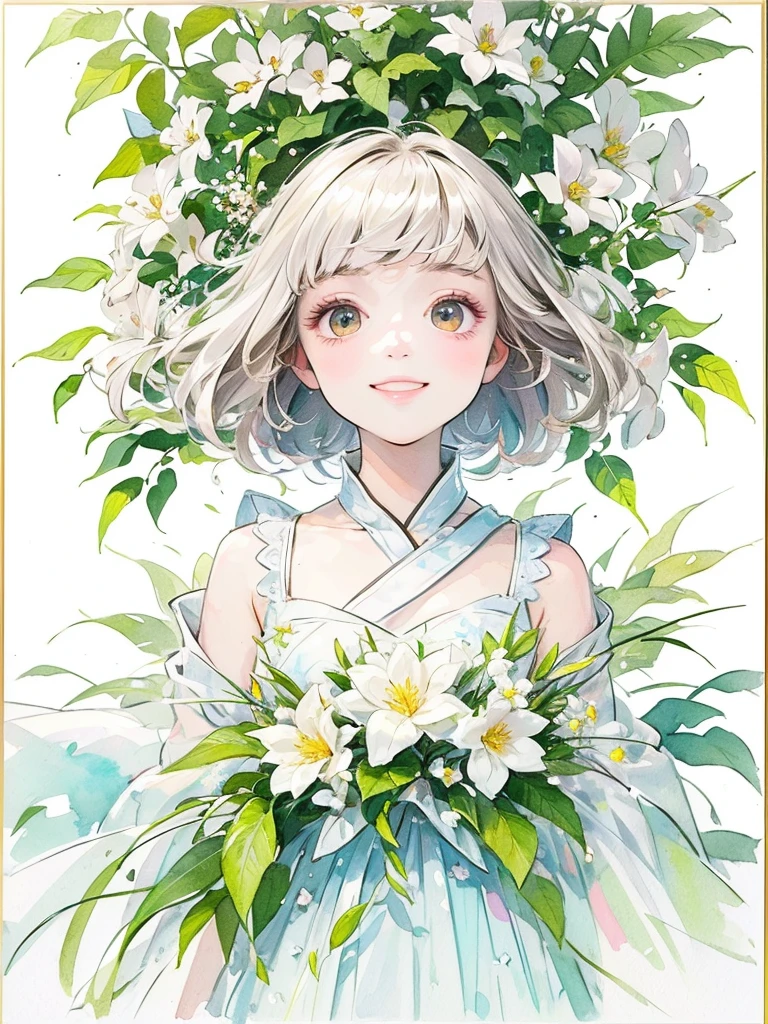(masterpiece、highest quality、highest quality、Beautiful and beautiful:1.2)、Good anatomy、(Watercolor 1.5)、Composition looking up from a low position、Long Shot、Drawing of a girl with straight short hair、Beautiful smile、Butterfly Fairy Costume、pure white、pure、Charm、looking at the camera、Flowers and leaveint Green Wind、Botanical Art