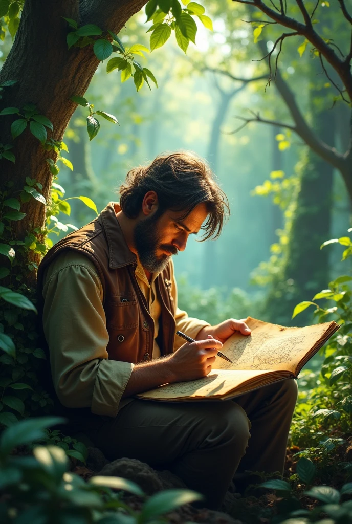 In long distance a man scene with journal and map with animated forest and hidden treasure 