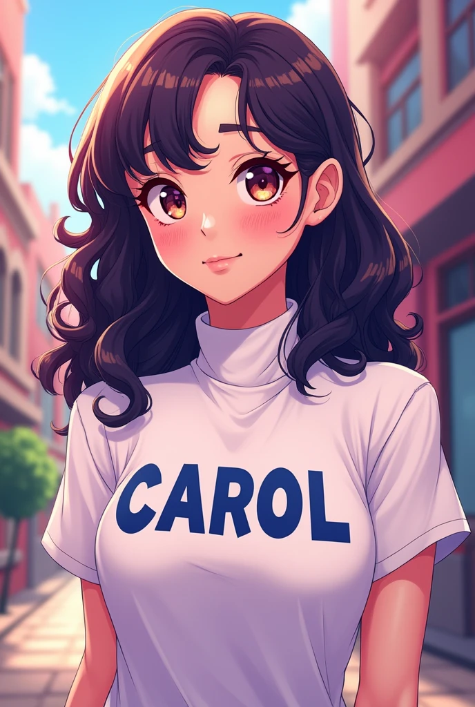 Light-skinned female character, white turtleneck shirt with the name Carol in capital letters or on blue jeans, curly hair, anime theme