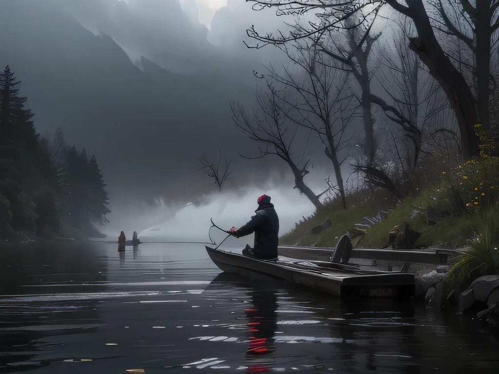 a man fishing by a river, eerie mist rising from the water, sinister atmosphere, cursed spirits, (ultra-realistic 8k cg, raw photograph, masterpiece, high resolution vivid color photo), professional photography, realistic, photorealistic, high quality, cinematic lighting, masterpiece, strong rim lighting