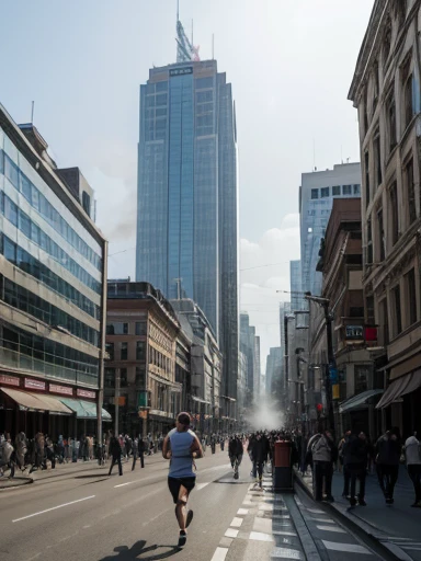 Terrified crowd, People with fear, running away on the street of a big city, tall buildings around, lots of smoke