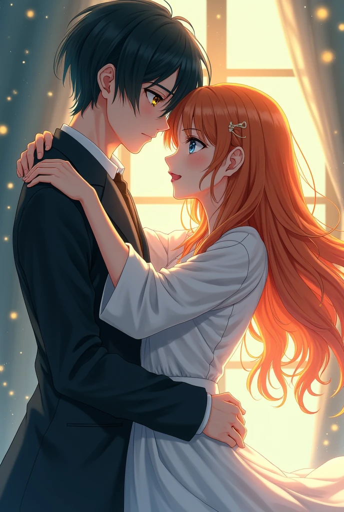 a young girl with long orange hair, blue eyes, wearing a white nightgown. She was kissing a guy with white skin, black hair, yellow eyes, cold face, wearing a shirt and jeans. anime style